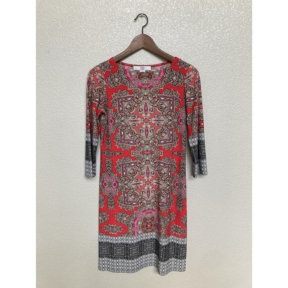 NWOT Wisp red boho stretch dress knee length 2P 3/4 sleeve multicolor hippie - Picture 1 of 5